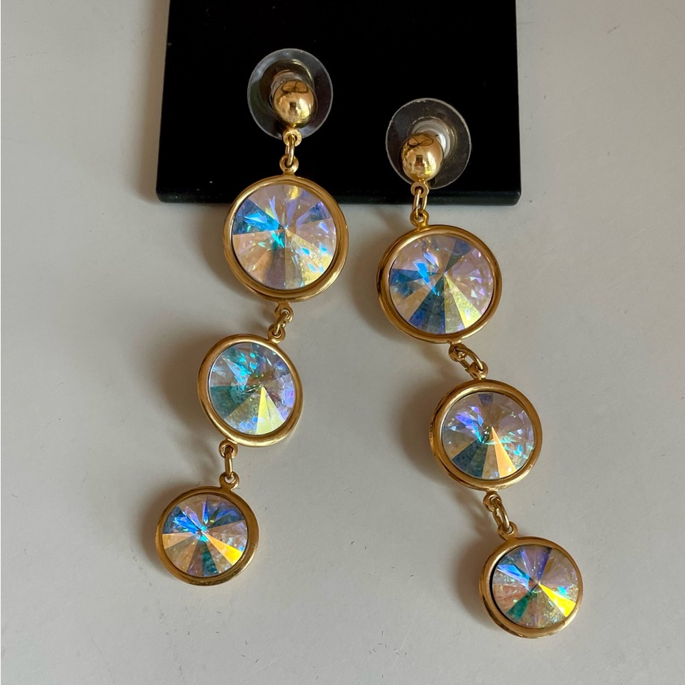 Vintage AB Cascading Rivoli Crystal And Goldtone Post Earrings - Picture 2 of 5